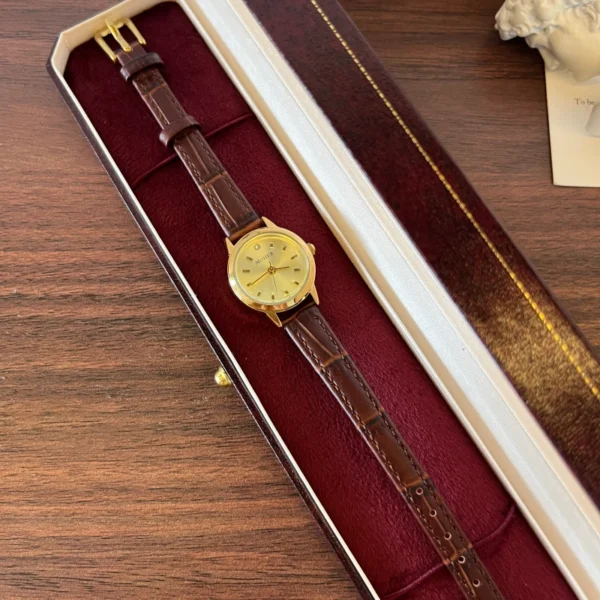 Classic Gold Round Dial Textured Brown Strap Watch for Women