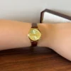 Classic Gold Round Dial Textured Brown Strap Watch for Women