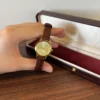 Classic Gold Round Dial Textured Brown Strap Watch for Women