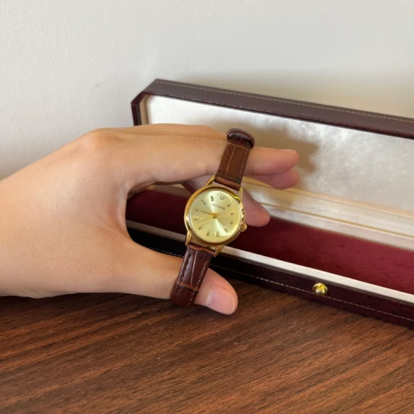 Classic Gold Round Dial Textured Brown Strap Watch for Women
