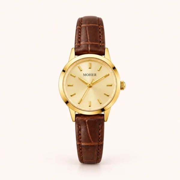 Classic Gold Round Dial Textured Brown Strap Watch for Women