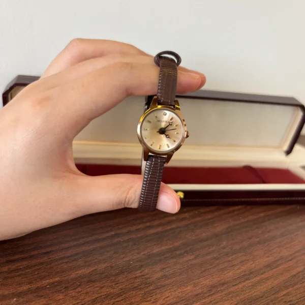 Classic Gold Round Dial Dark Brown Strap Watch for Women