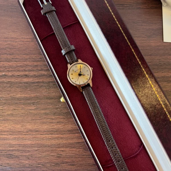 Classic Gold Round Dial Dark Brown Strap Watch for Women