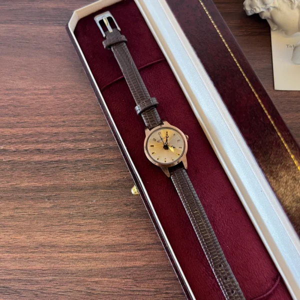 Classic Gold Round Dial Dark Brown Strap Watch for Women