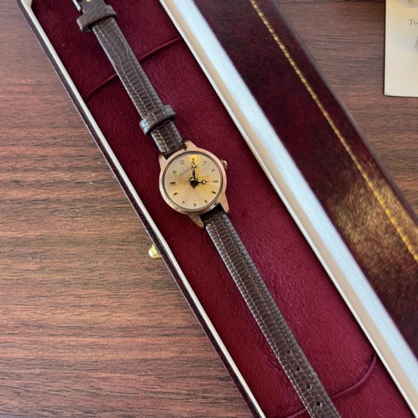 Classic Gold Round Dial Dark Brown Strap Watch for Women