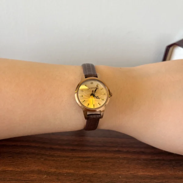 Classic Gold Round Dial Dark Brown Strap Watch for Women