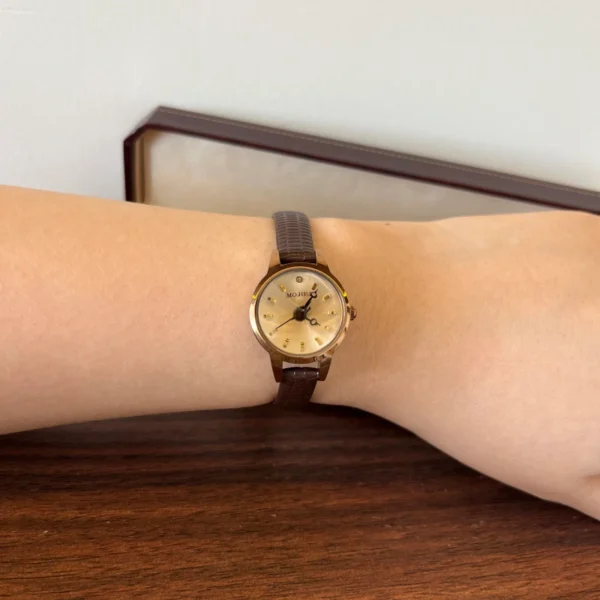 Classic Gold Round Dial Dark Brown Strap Watch for Women