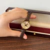Classic Gold Round Dial Dark Brown Strap Watch for Women