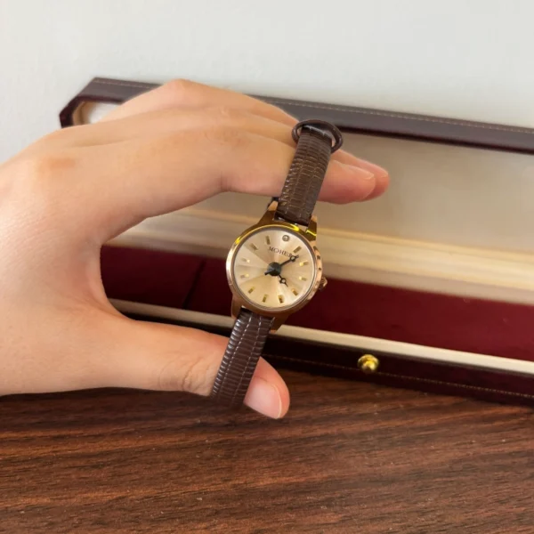 Classic Gold Round Dial Dark Brown Strap Watch for Women
