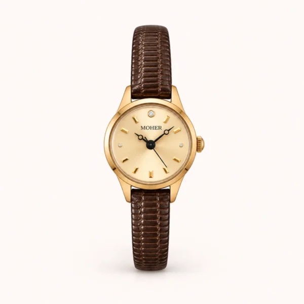 Classic Gold Round Dial Dark Brown Strap Watch for Women