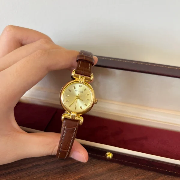 Classic Gold Round Dial Brown Stitched Strap Watch for Women