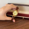 Classic Gold Round Dial Brown Stitched Strap Watch for Women