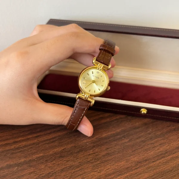 Classic Gold Round Dial Brown Stitched Strap Watch for Women