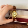 Classic Gold Round Dial Brown Stitched Strap Watch for Women