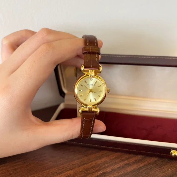 Classic Gold Round Dial Brown Stitched Strap Watch for Women