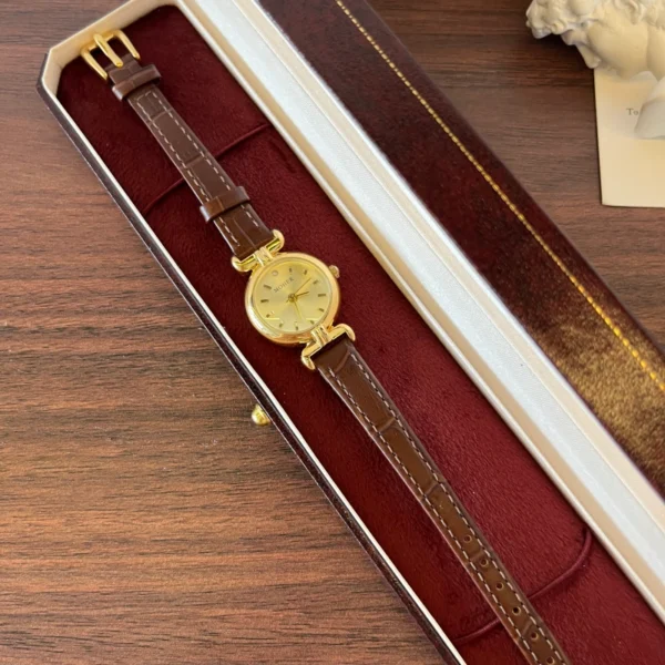 Classic Gold Round Dial Brown Stitched Strap Watch for Women