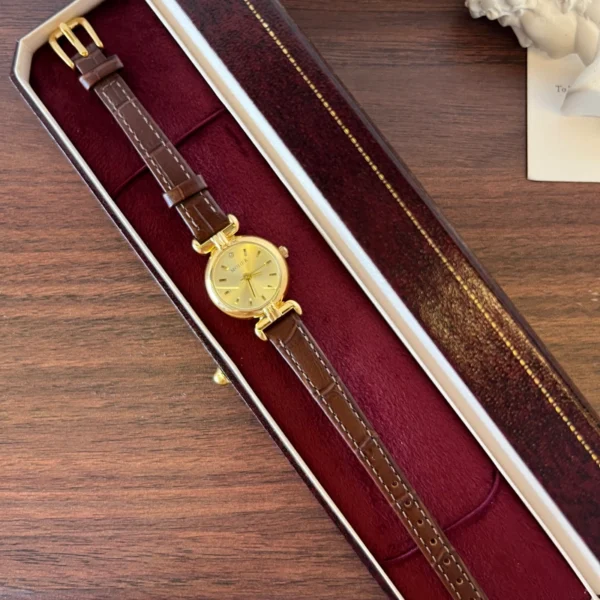 Classic Gold Round Dial Brown Stitched Strap Watch for Women