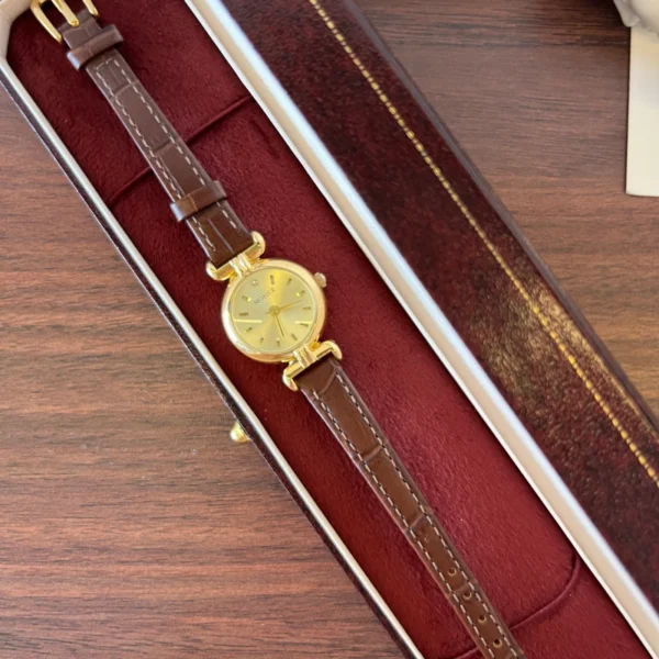 Classic Gold Round Dial Brown Stitched Strap Watch for Women