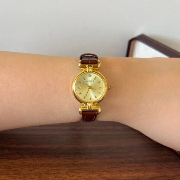 Classic Gold Round Dial Brown Stitched Strap Watch for Women