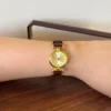 Classic Gold Round Dial Brown Stitched Strap Watch for Women