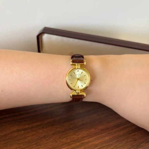Classic Gold Round Dial Brown Stitched Strap Watch for Women