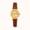 Classic Gold Round Dial Brown Stitched Strap Watch for Women