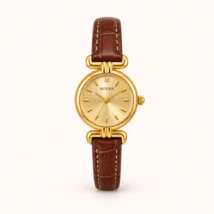 781-main Classic Gold Round Dial Brown Stitched Strap Watch for Women