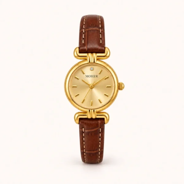 Classic Gold Round Dial Brown Stitched Strap Watch for Women