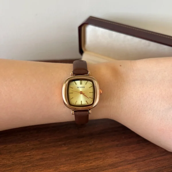 Classic Gold Rounded Square Dial Smooth Brown Strap Watch for Women
