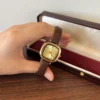 Classic Gold Rounded Square Dial Smooth Brown Strap Watch for Women