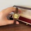 Classic Gold Rounded Square Dial Smooth Brown Strap Watch for Women