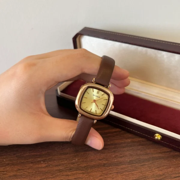 Classic Gold Rounded Square Dial Smooth Brown Strap Watch for Women