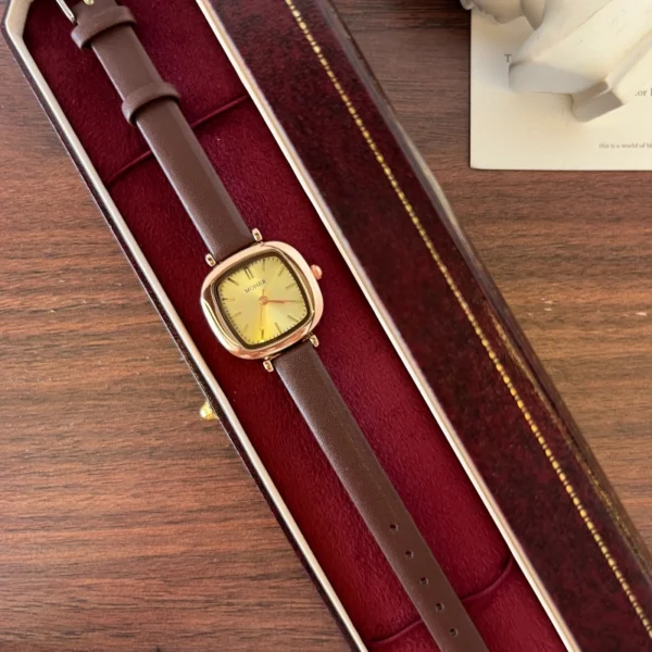 Classic Gold Rounded Square Dial Smooth Brown Strap Watch for Women