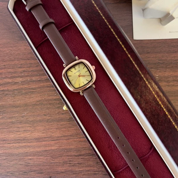 Classic Gold Rounded Square Dial Smooth Brown Strap Watch for Women