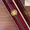 Classic Gold Rounded Square Dial Smooth Brown Strap Watch for Women