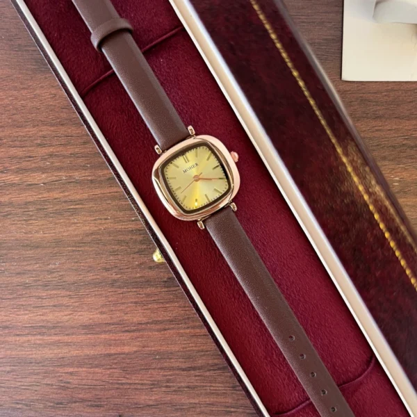 Classic Gold Rounded Square Dial Smooth Brown Strap Watch for Women