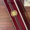 Classic Gold Rounded Square Dial Smooth Brown Strap Watch for Women