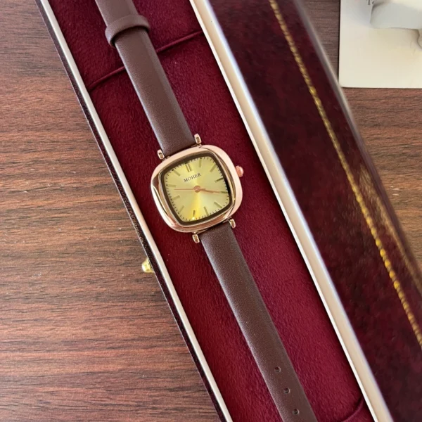 Classic Gold Rounded Square Dial Smooth Brown Strap Watch for Women