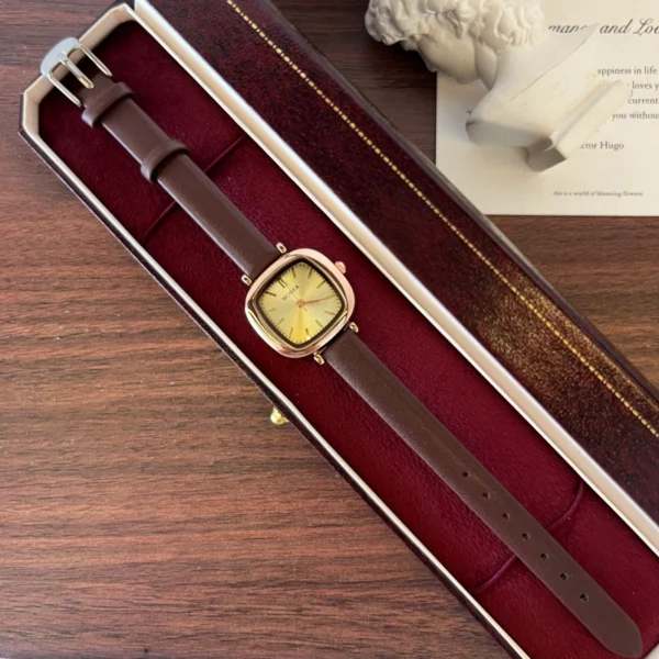 Classic Gold Rounded Square Dial Smooth Brown Strap Watch for Women