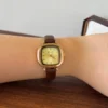Classic Gold Rounded Square Dial Smooth Brown Strap Watch for Women