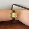 Classic Gold Rounded Square Dial Smooth Brown Strap Watch for Women