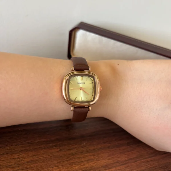 Classic Gold Rounded Square Dial Smooth Brown Strap Watch for Women
