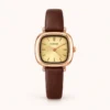 Classic Gold Rounded Square Dial Smooth Brown Strap Watch for Women