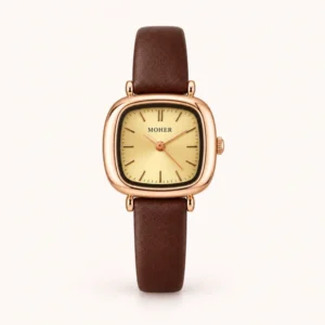 782-main Classic Gold Rounded Square Dial Smooth Brown Strap Watch for Women