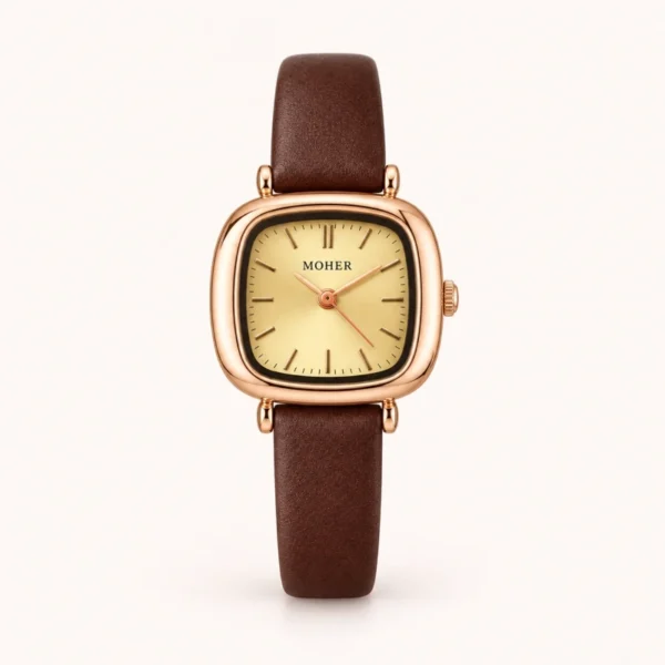 Classic Gold Rounded Square Dial Smooth Brown Strap Watch for Women