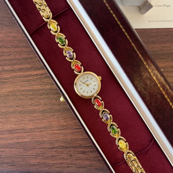 Elegant Multicolor Oval Accent Gold Bracelet Watch for Women
