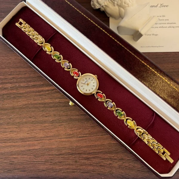Elegant Multicolor Oval Accent Gold Bracelet Watch for Women