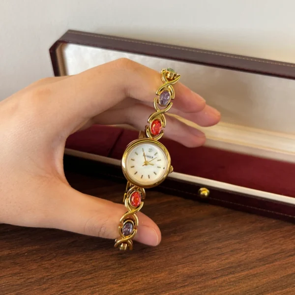 Elegant Multicolor Oval Accent Gold Bracelet Watch for Women