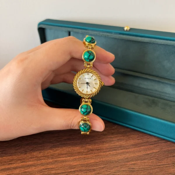 Elegant Green Round Accent Gold Bracelet Watch for Women