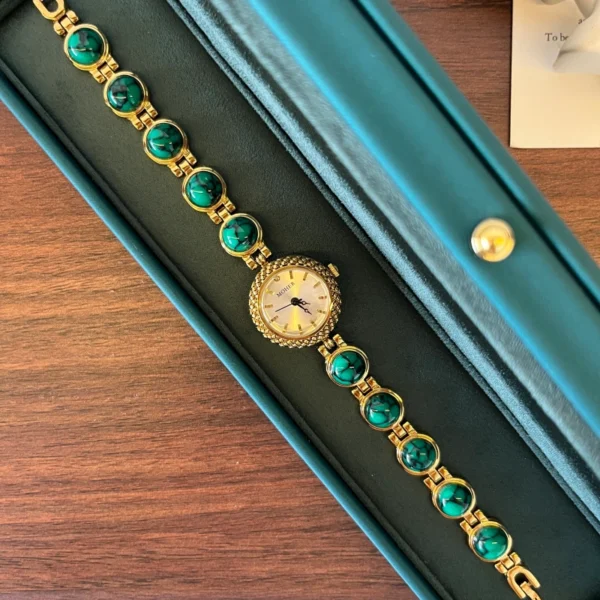 Elegant Green Round Accent Gold Bracelet Watch for Women